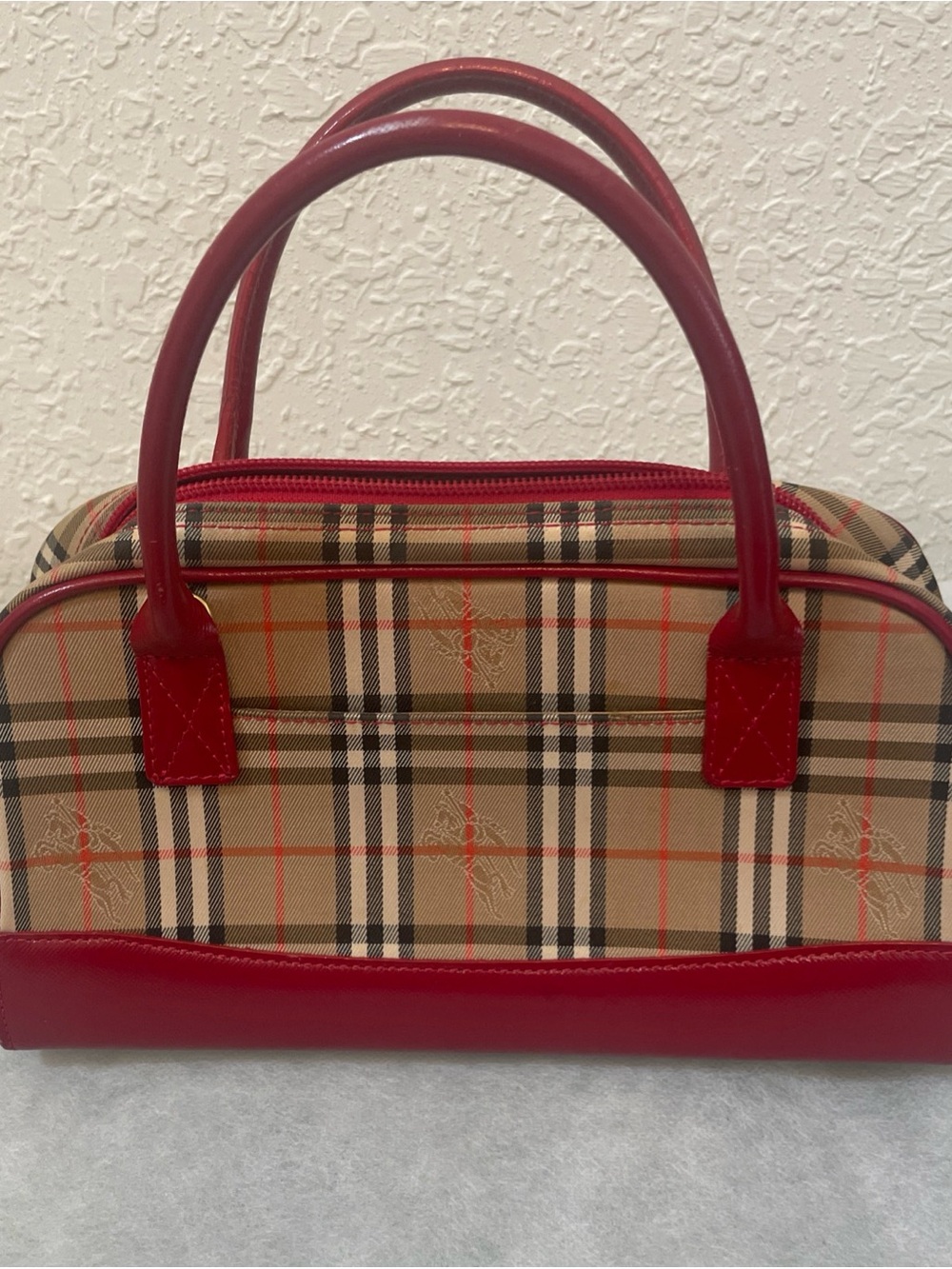 Burberry Haymarket Check Canvas Handbag Pre-Loved Bag Red
